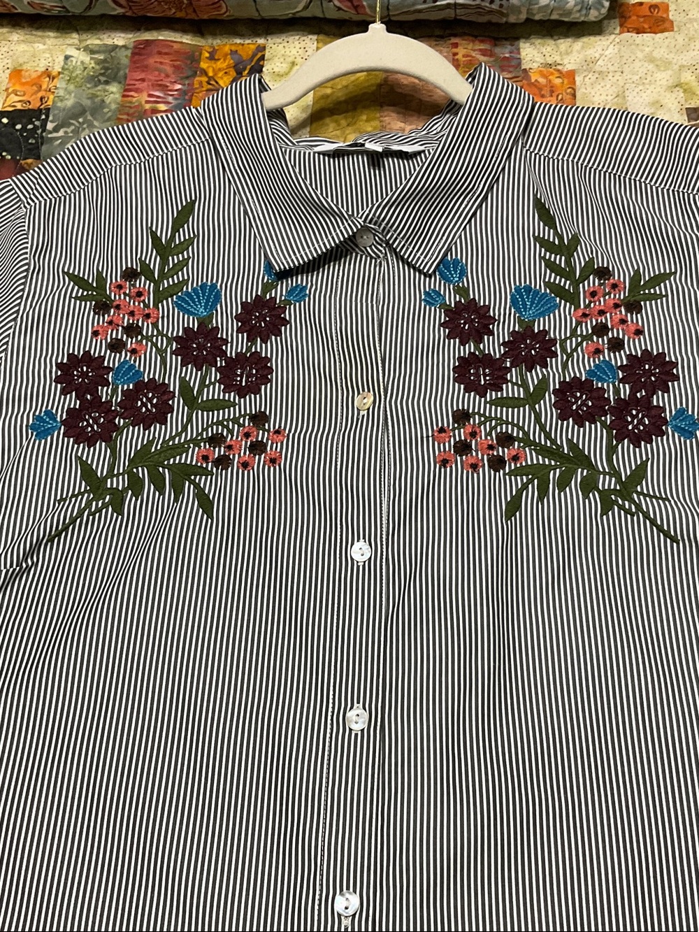 Foxcroft Gray and White Striped Button-Down with Floral Embroidery
